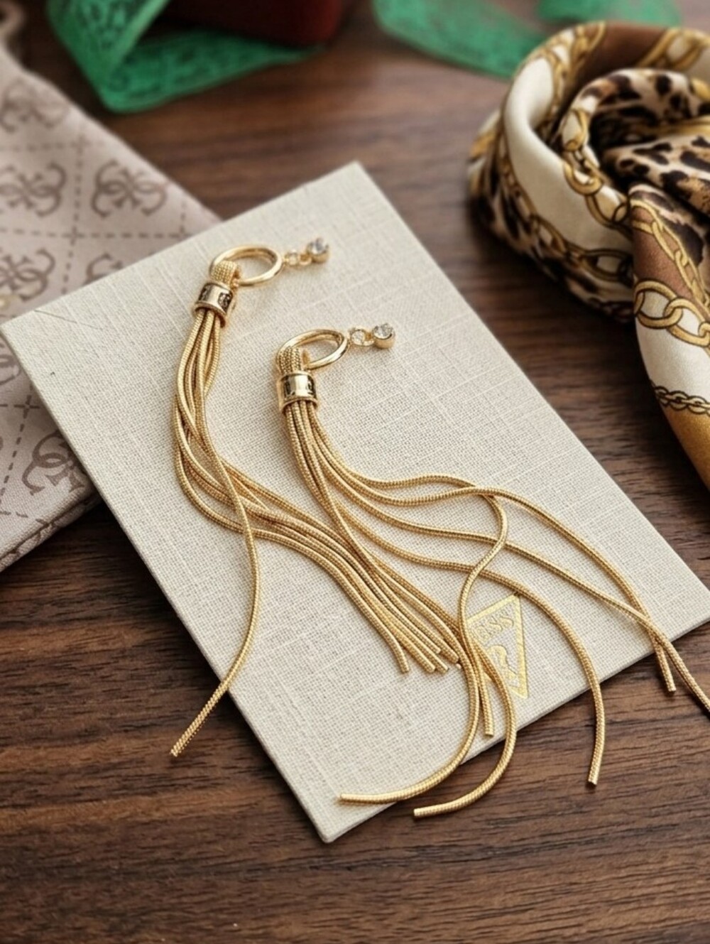 Guess Gold Tone Tassel Hoop Drop Earrings